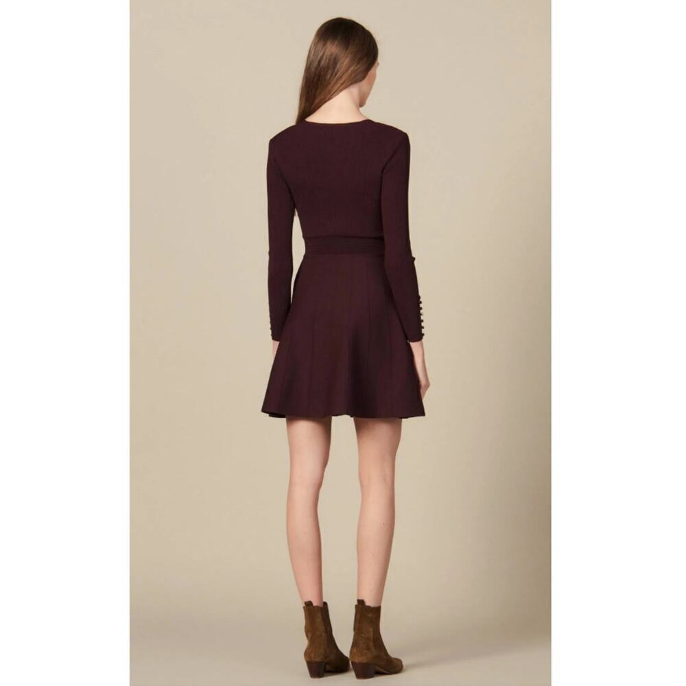 Sandro Women's Burgundy Ribbed Knit Long Sleeve Mini Dress Size XS - Picture 2 of 12